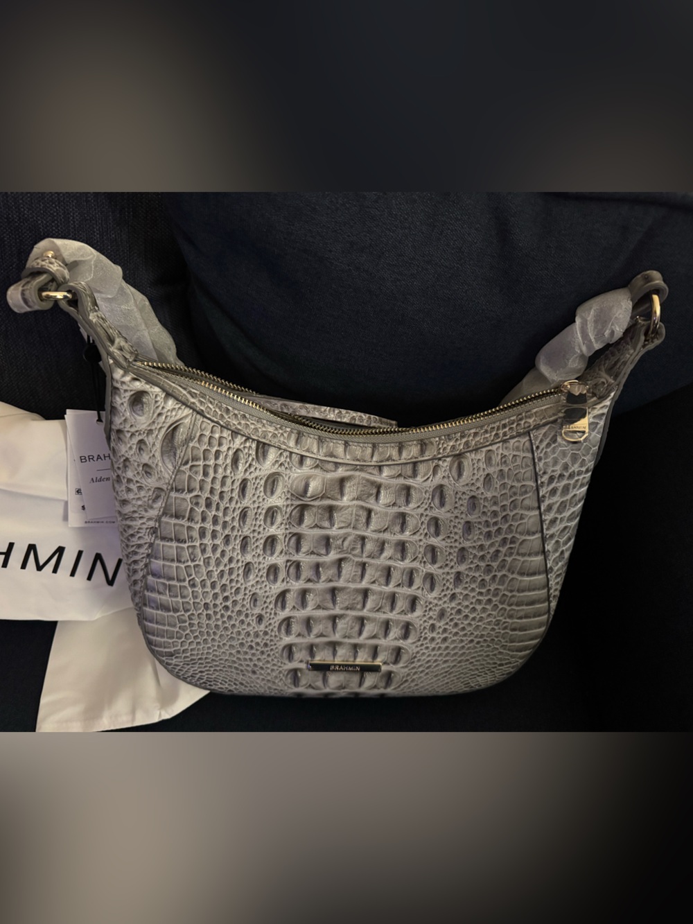 Brahmin (Corinne) Grey Croc-Embossed crossbody Hobo with Gold Hardware NWT